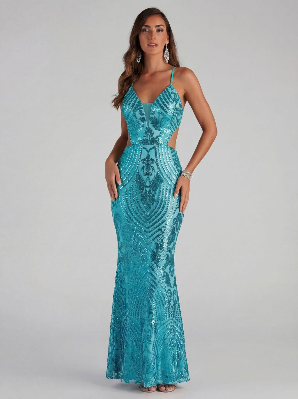 Arielle Turquoise Sequin Mermaid Evening Gown - Cutout Formal Dress