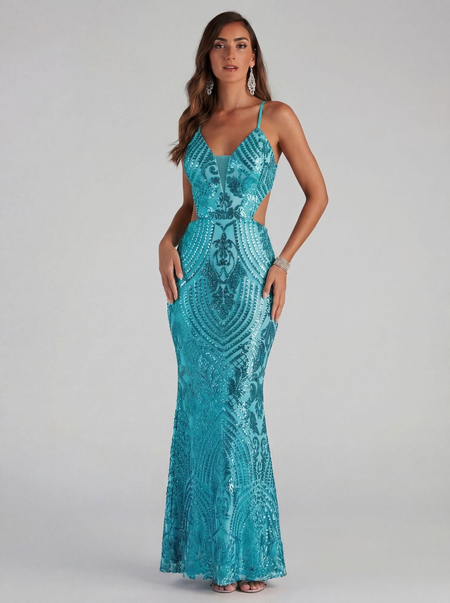 Arielle Turquoise Sequin Mermaid Evening Gown - Cutout Formal Dress
