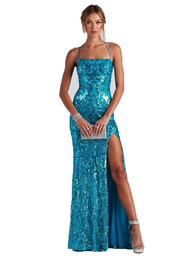 Azure Allure - Turquoise Sequin Mermaid Evening Gown with High Slit | Formal Prom Dress
