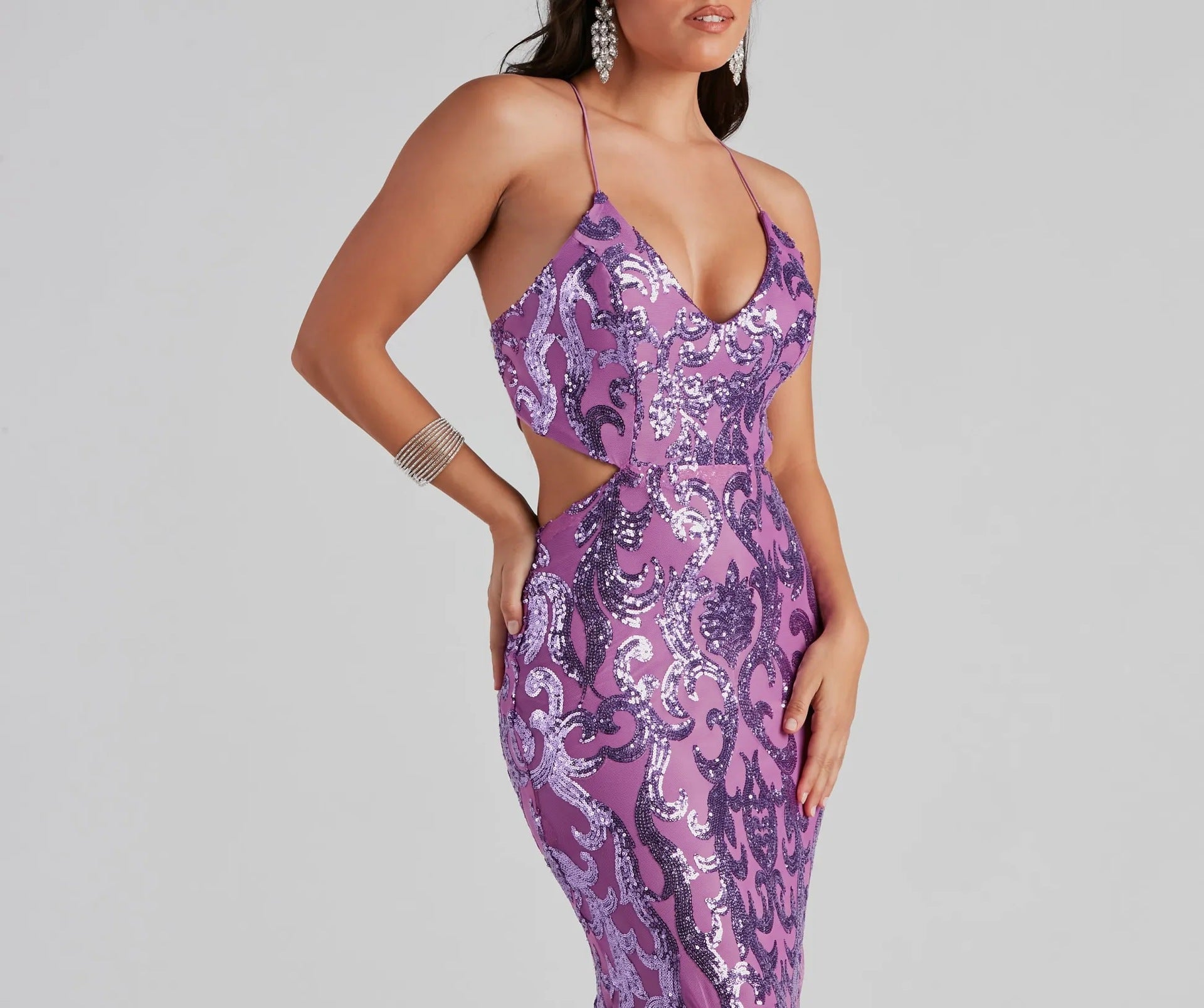 Aaliyah Sequin Mermaid Evening Gown - Backless Formal Dress in Lilac Purple
