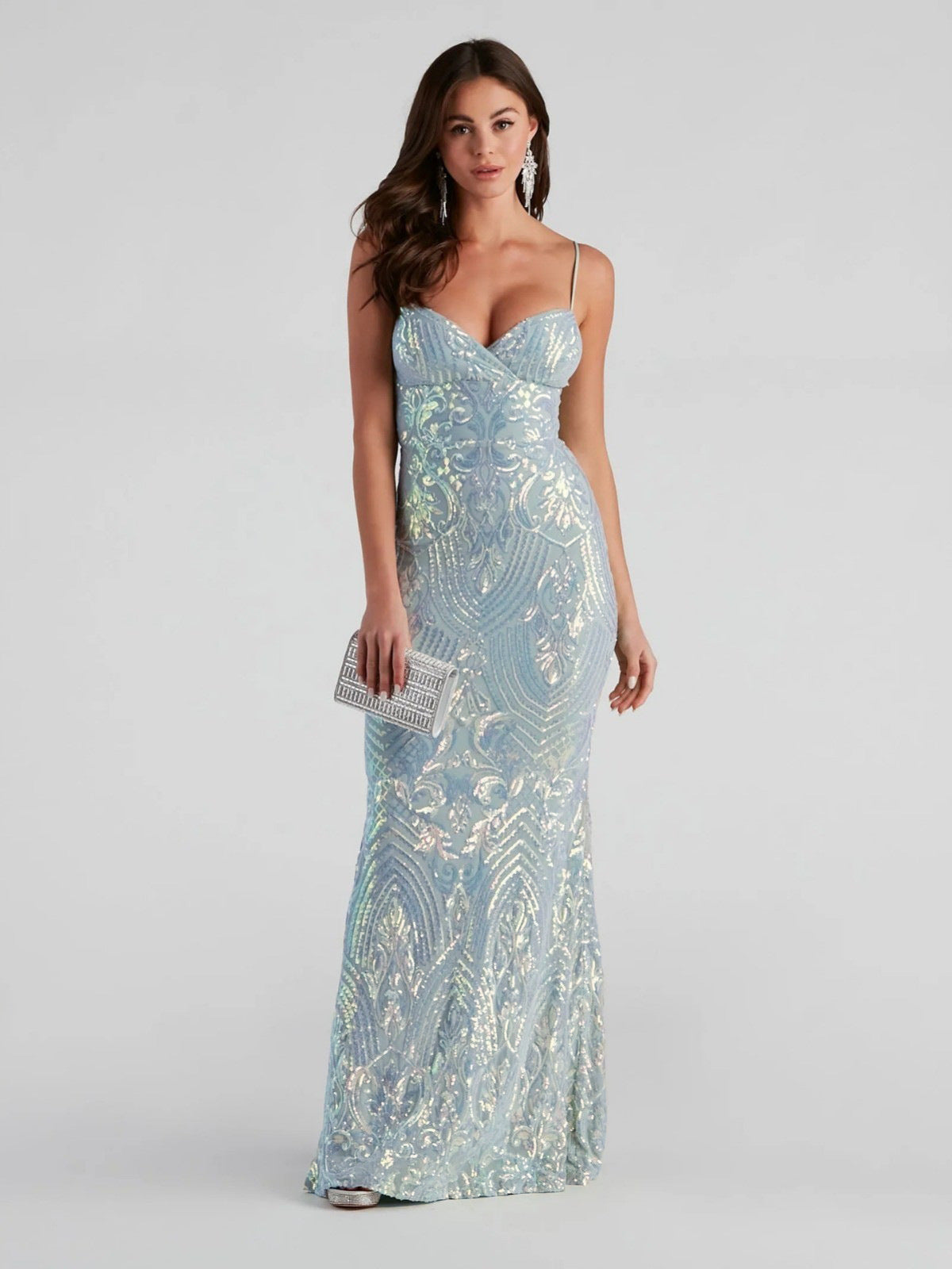Ice Blue Iridescent Sequin Mermaid Evening Gown