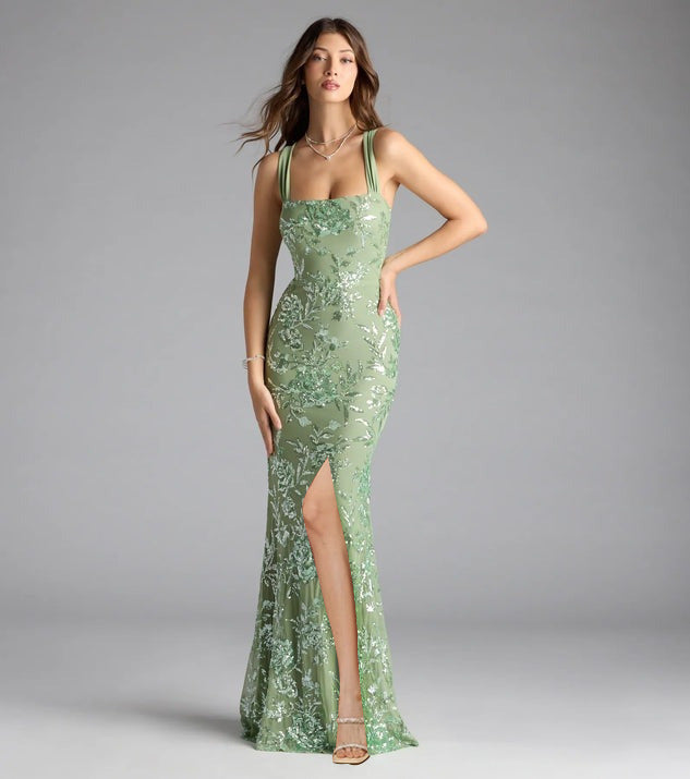 Floral Sequin Lace-Up Back Mermaid Gown