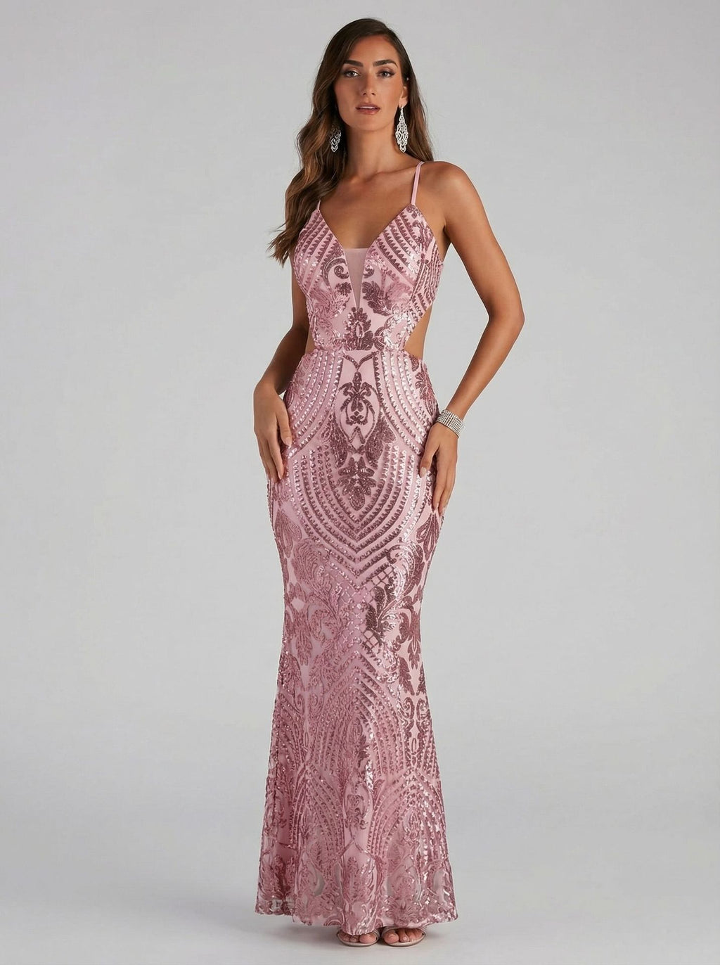 Adeline Blush Pink Sequin Mermaid Evening Gown