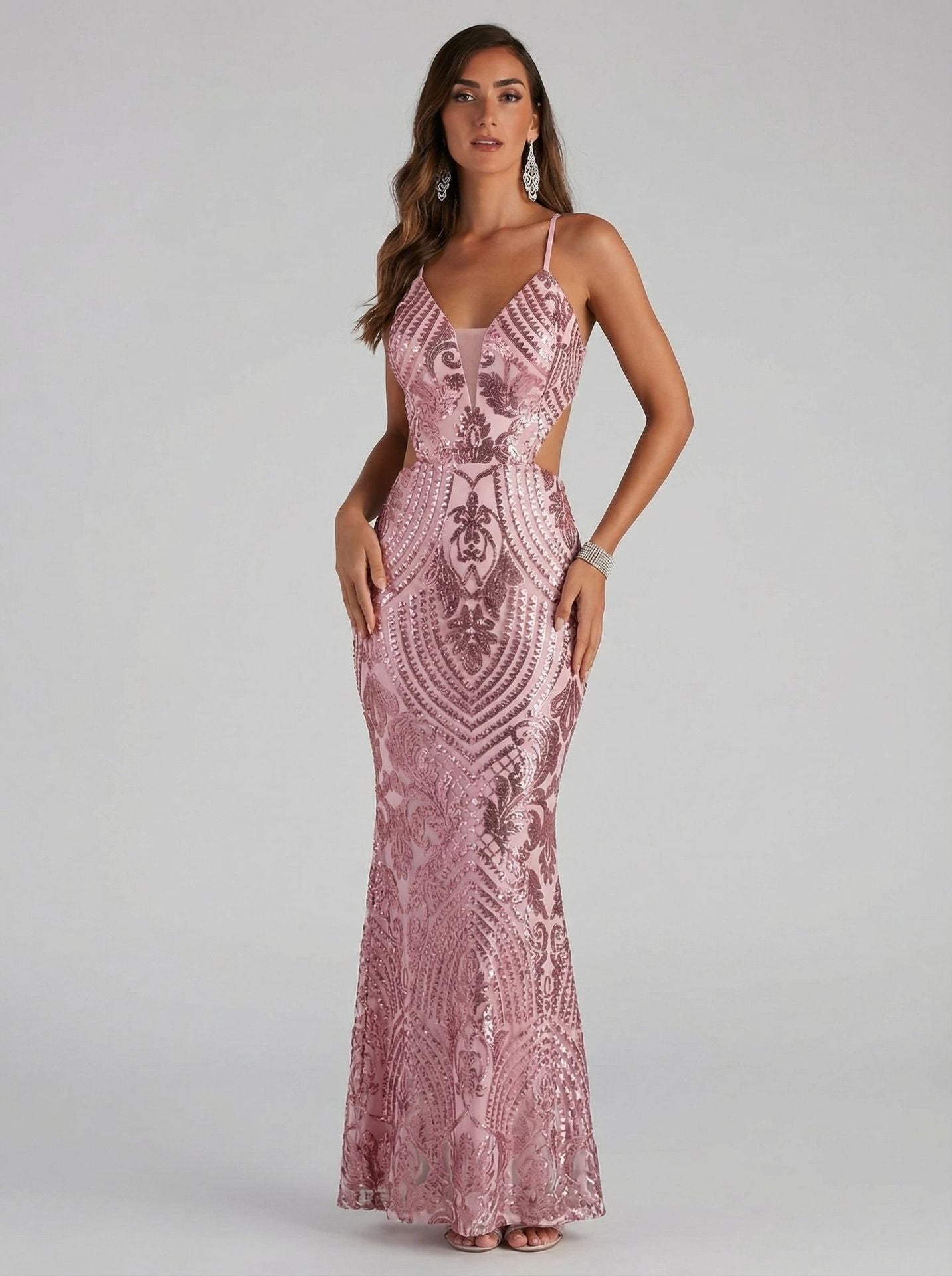 Adeline Blush Pink Sequin Mermaid Evening Gown
