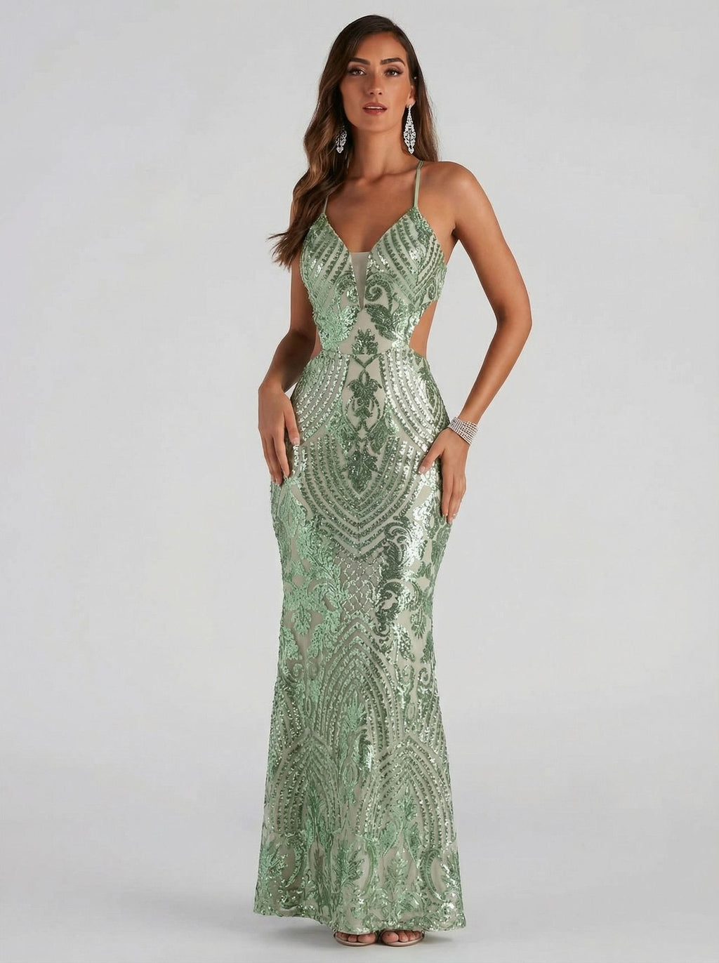 Seraphina Sage Green Sequin Mermaid Gown - Baroque Formal Evening Dress