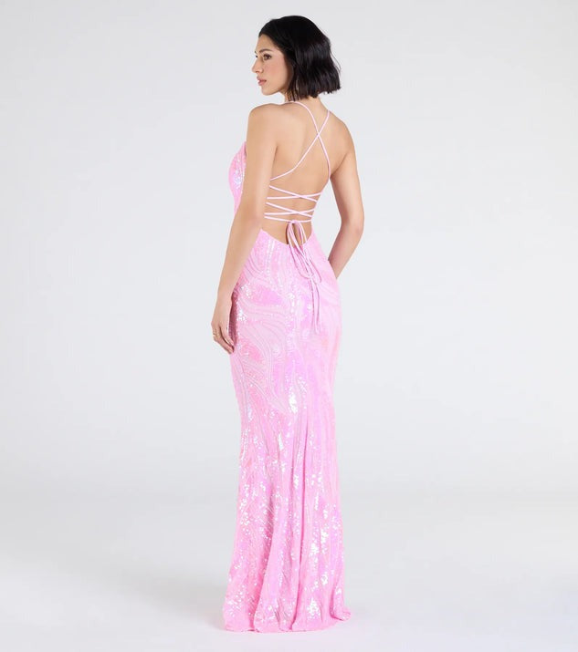 Pink Sequin Mermaid Evening Gown - Bubblegum Sparkle Spaghetti Strap Prom Dress