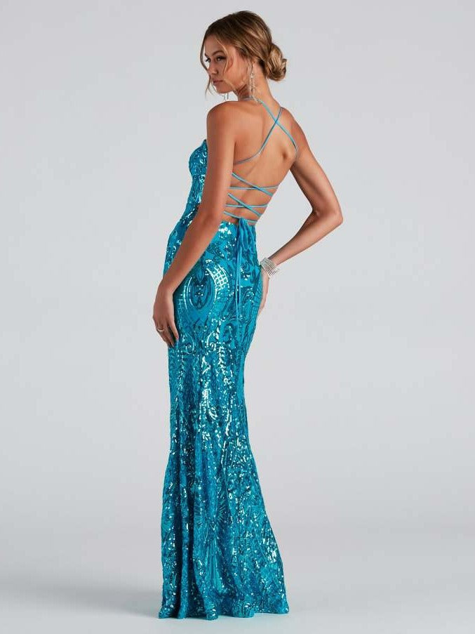 Azure Allure - Turquoise Sequin Mermaid Evening Gown with High Slit | Formal Prom Dress