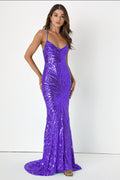 Royale Sequin Mermaid Gown - Purple Cowl Neck Formal Evening Dress