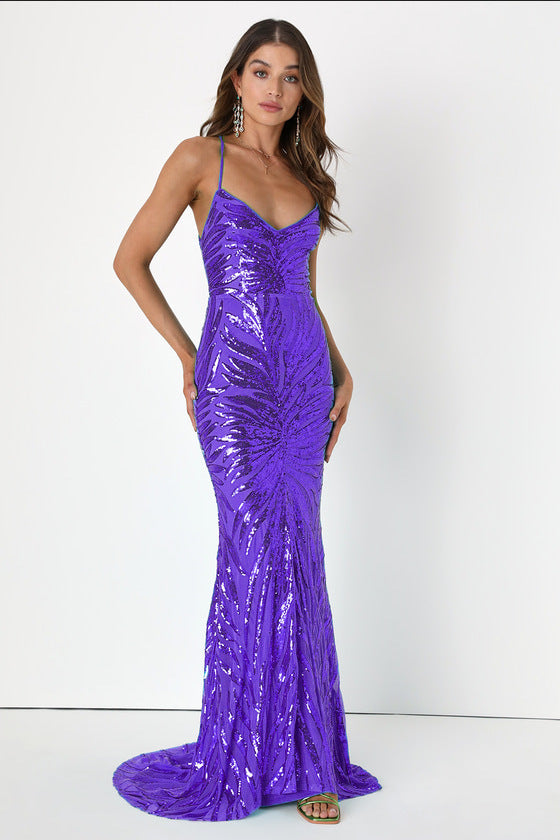 Royale Sequin Mermaid Gown - Purple Cowl Neck Formal Evening Dress