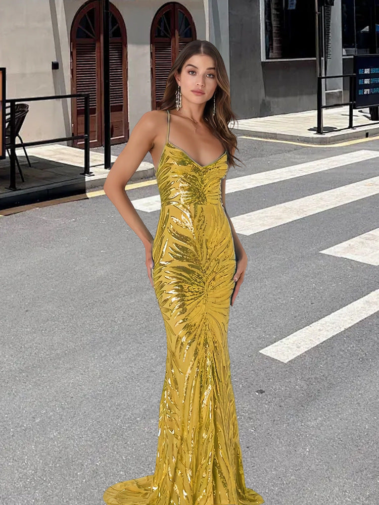 Spaghetti Strap Sequin Dress - Mermaid Maxi Party Gown