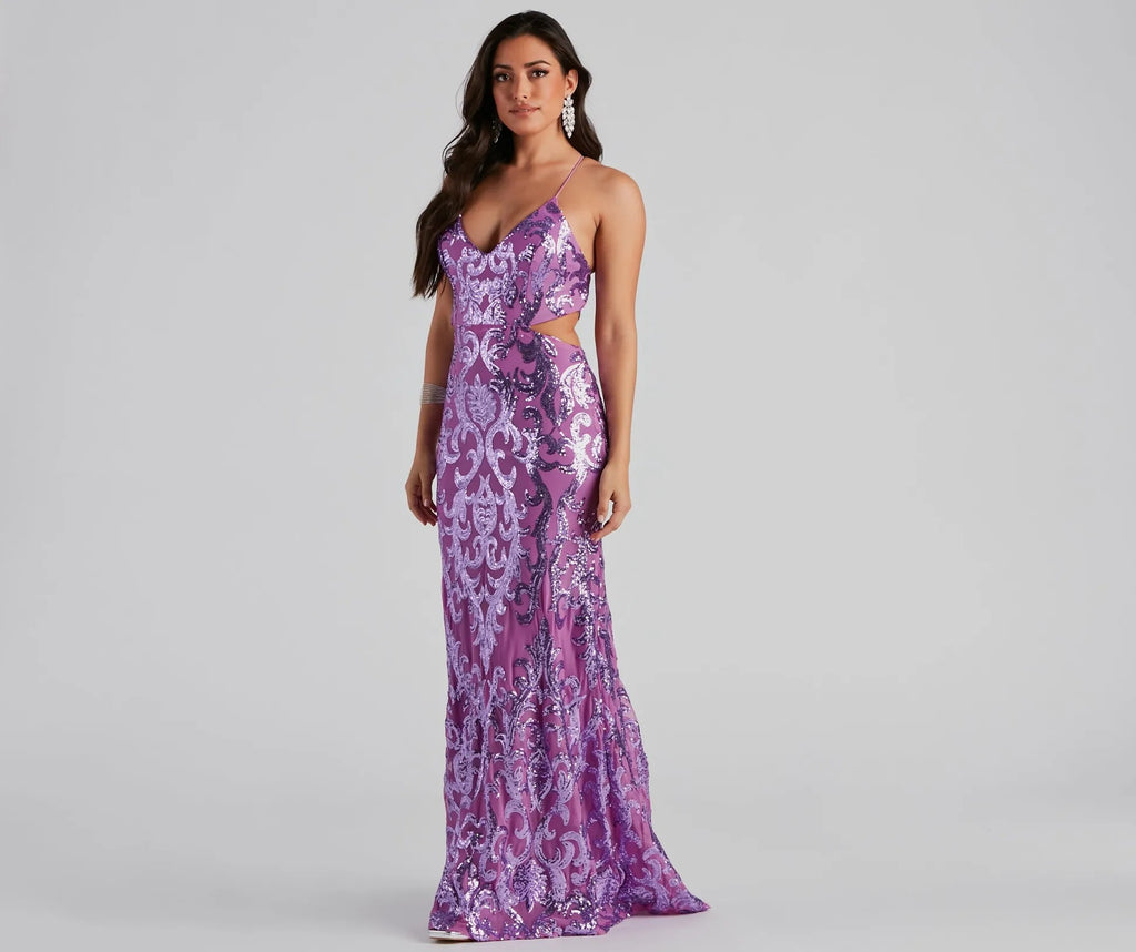 Aaliyah Sequin Mermaid Evening Gown - Backless Formal Dress in Lilac Purple