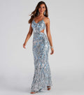 The Celeste Silver Blue Baroque Sequin Evening Gown