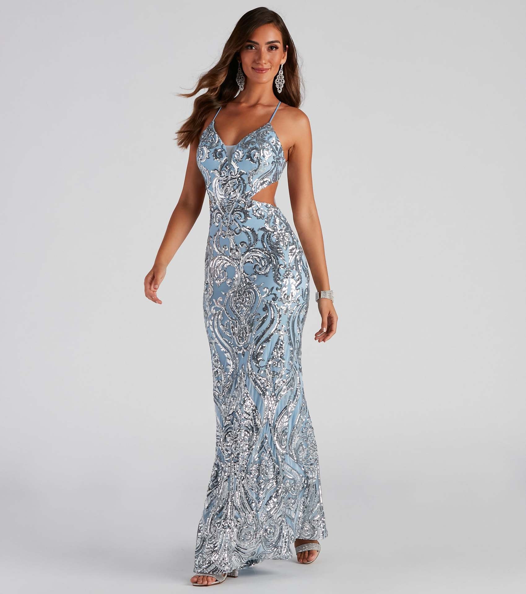 The Celeste Silver Blue Baroque Sequin Evening Gown