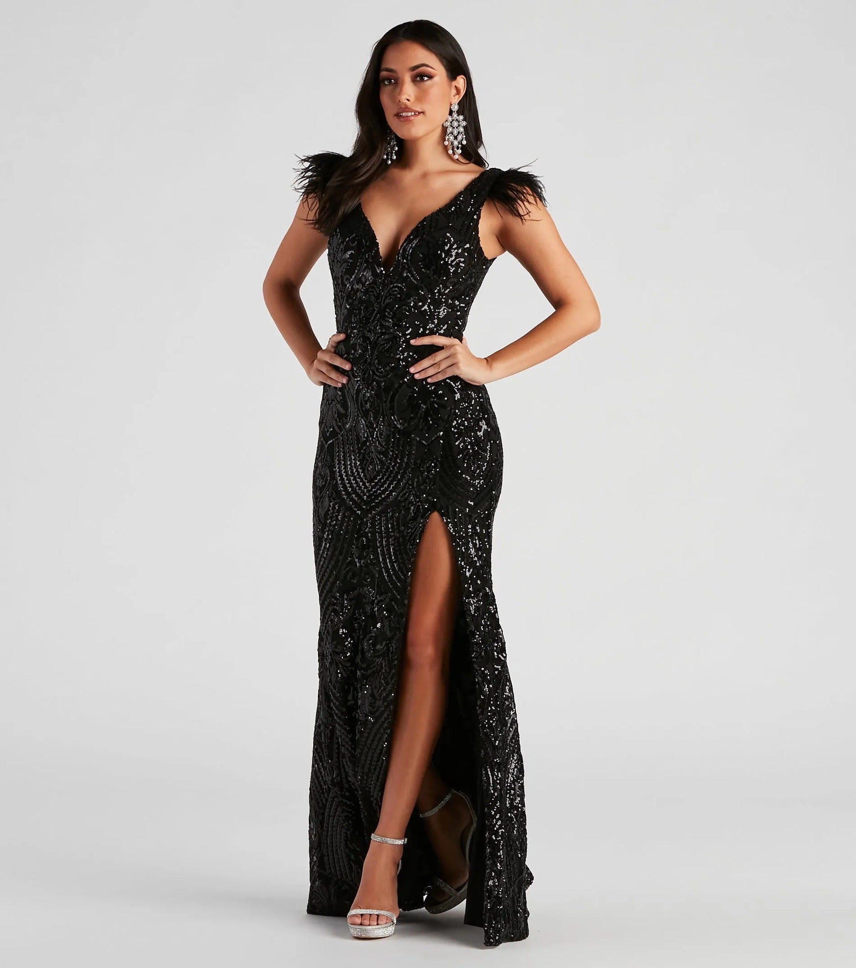 Black Sequin Evening Gown With Feather Shoulders | Formal