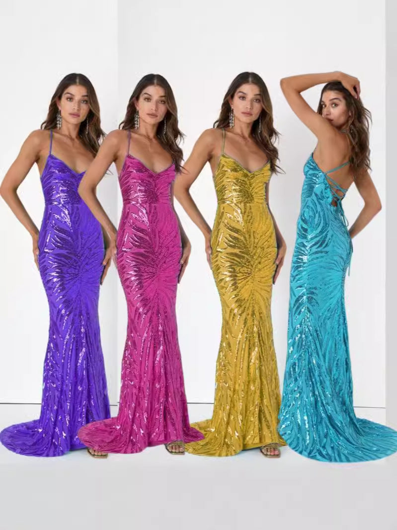 Spaghetti Strap Sequin Dress - Mermaid Maxi Party Gown
