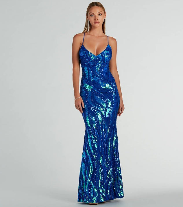 Royal Blue Sequin Mermaid Evening Gown - Iridescent Sparkle Spaghetti Strap Prom Dress
