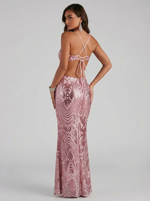 Adeline Blush Pink Sequin Mermaid Evening Gown