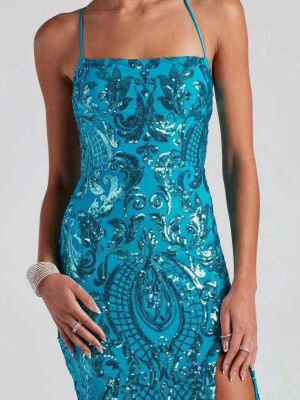 Azure Allure - Turquoise Sequin Mermaid Evening Gown with High Slit | Formal Prom Dress
