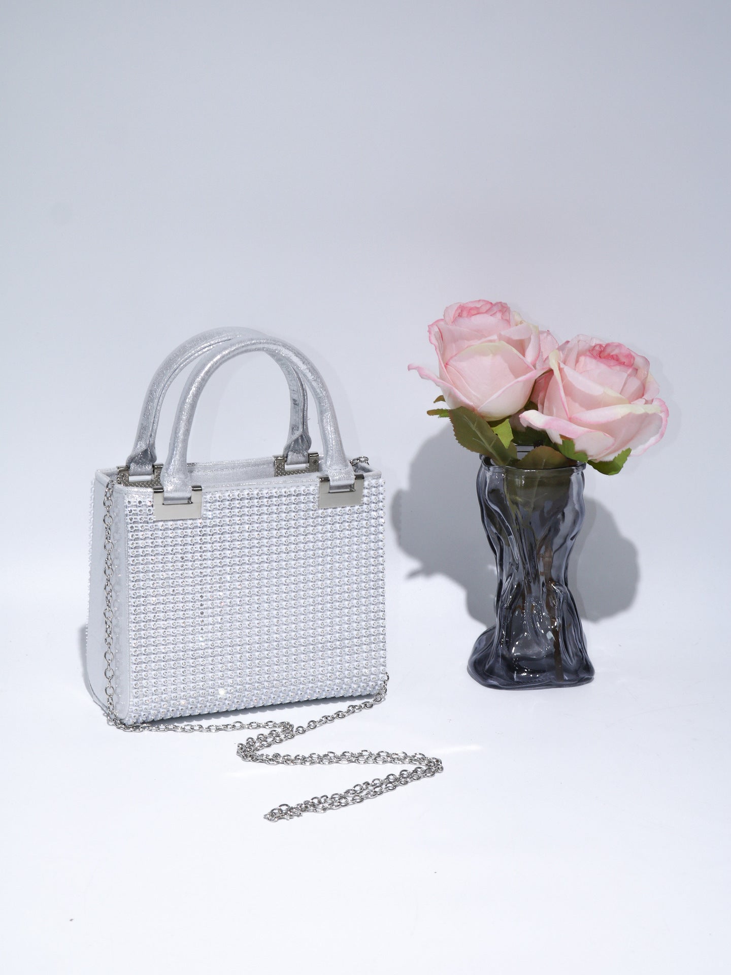 Ava Crystal Mini Tote Bag - Silver Rhinestone Evening Bag