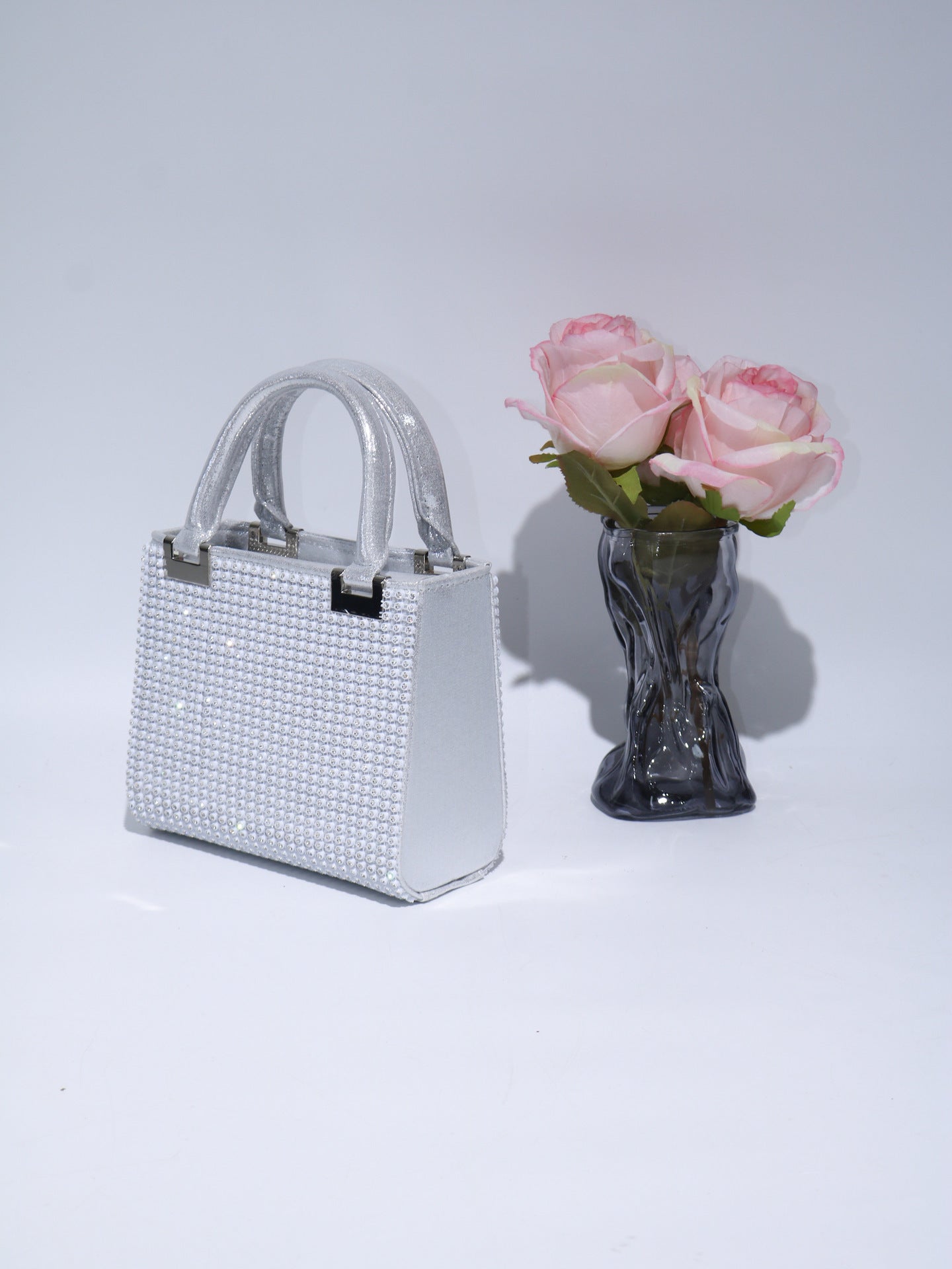 Ava Crystal Mini Tote Bag - Silver Rhinestone Evening Bag