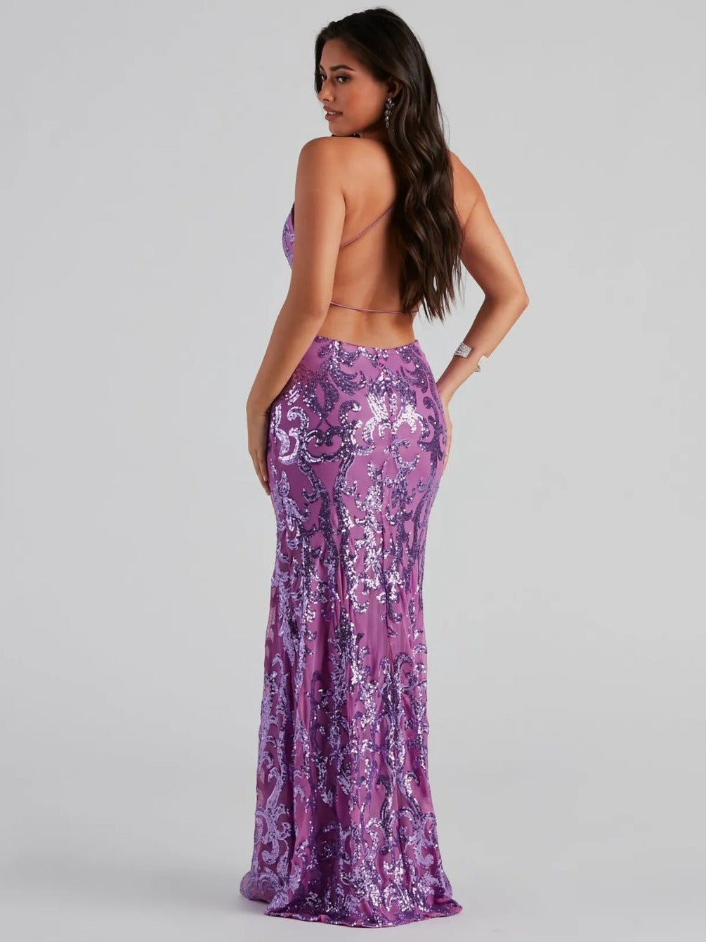 Aaliyah Sequin Mermaid Evening Gown - Backless Formal Dress in Lilac Purple