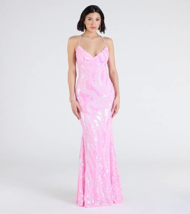 Pink Sequin Mermaid Evening Gown - Bubblegum Sparkle Spaghetti Strap Prom Dress