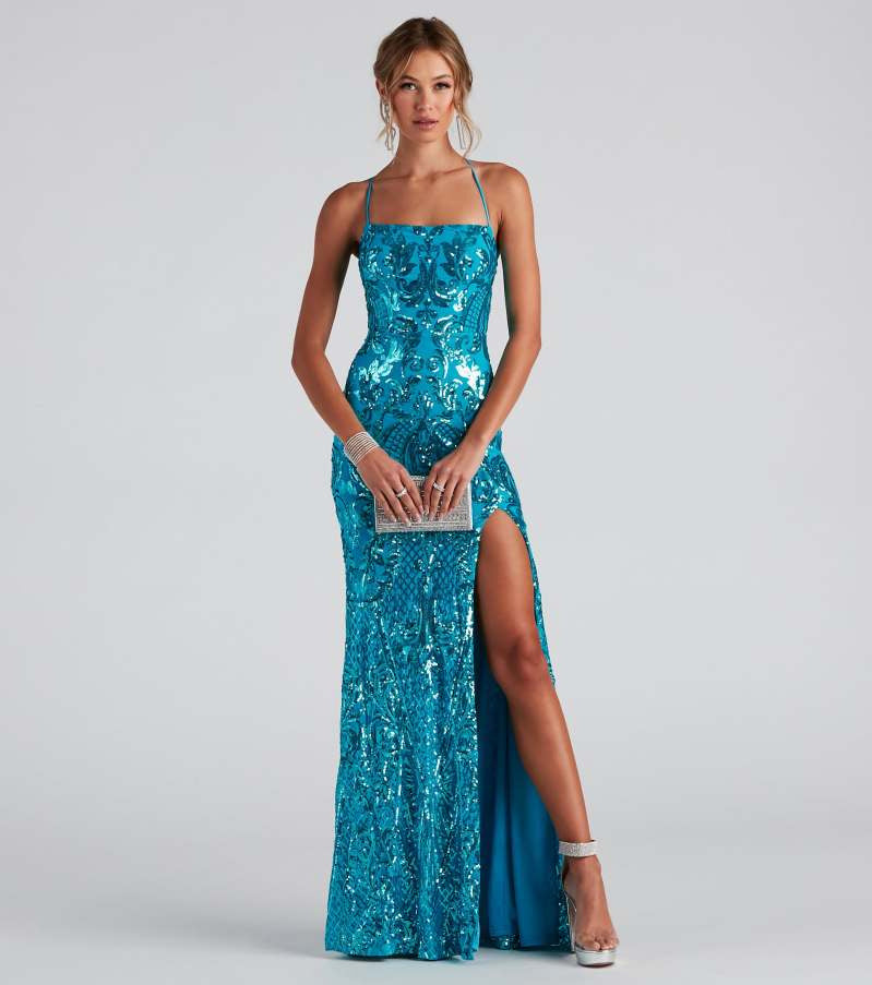 Azure Allure - Turquoise Sequin Mermaid Evening Gown with High Slit | Formal Prom Dress