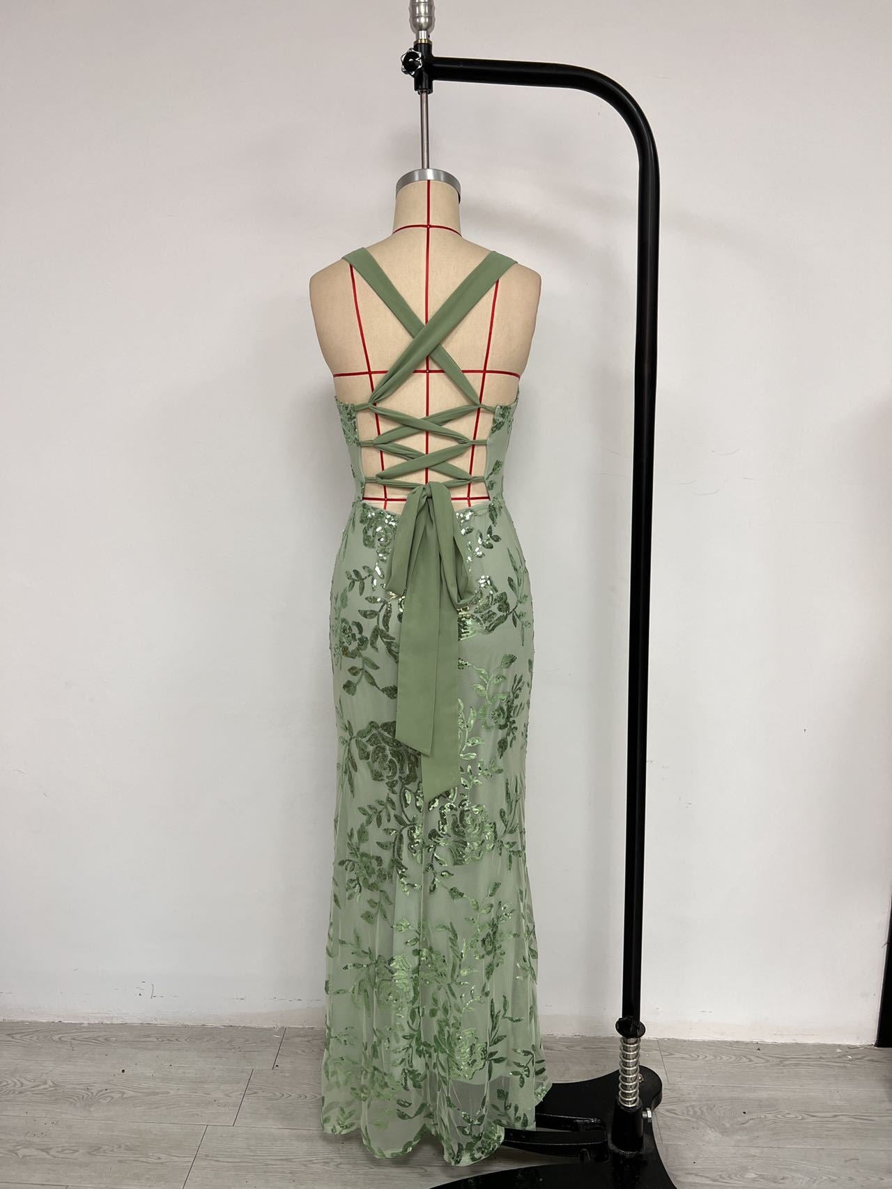 Floral Sequin Lace-Up Back Mermaid Gown