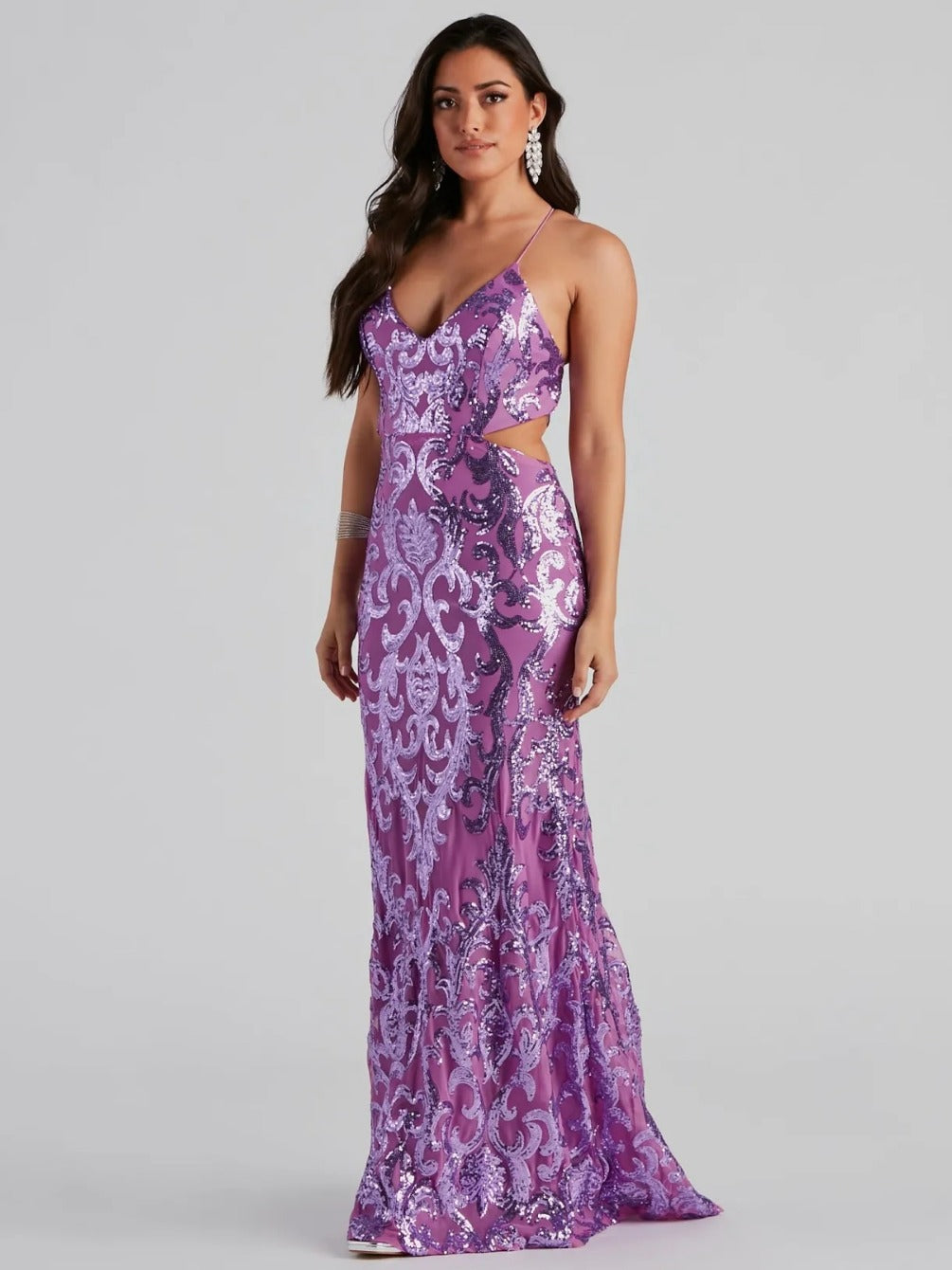 Aaliyah Sequin Mermaid Evening Gown - Backless Formal Dress in Lilac Purple