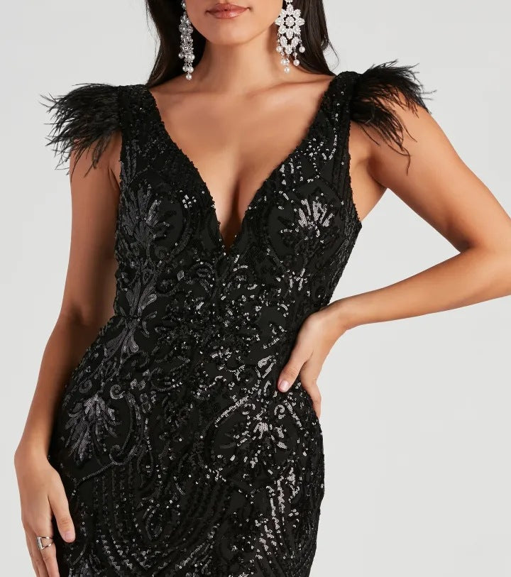 Black Sequin Evening Gown With Feather Shoulders | Formal