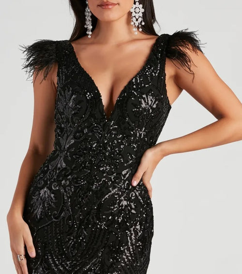 Black Sequin Evening Gown With Feather Shoulders | Formal
