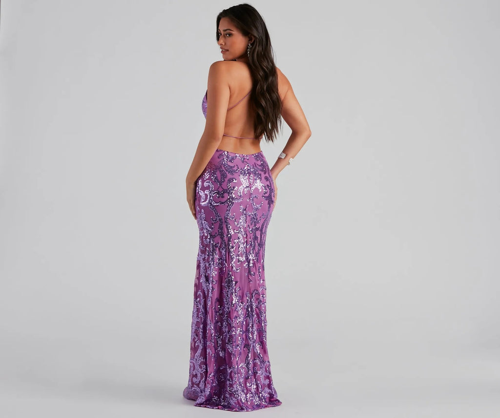 Aaliyah Sequin Mermaid Evening Gown - Backless Formal Dress in Lilac Purple