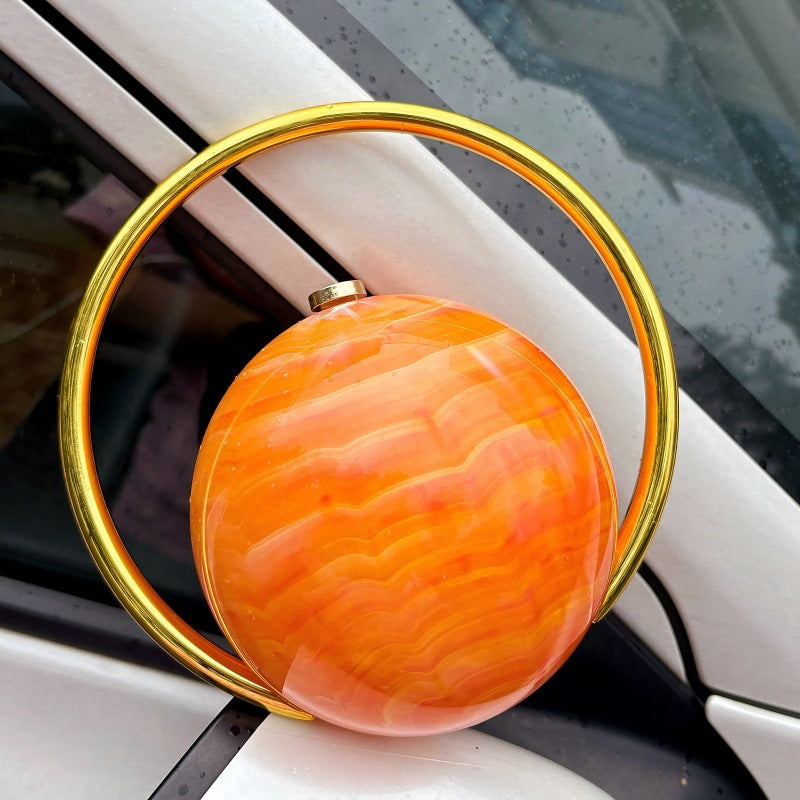 Celeste Saturn Sphere Clutch Bag - Orange Marble Acrylic Evening Purse with Gold Ring Handle