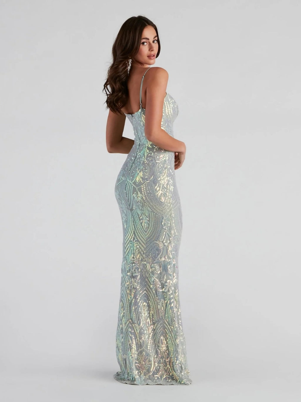 Ice Blue Iridescent Sequin Mermaid Evening Gown