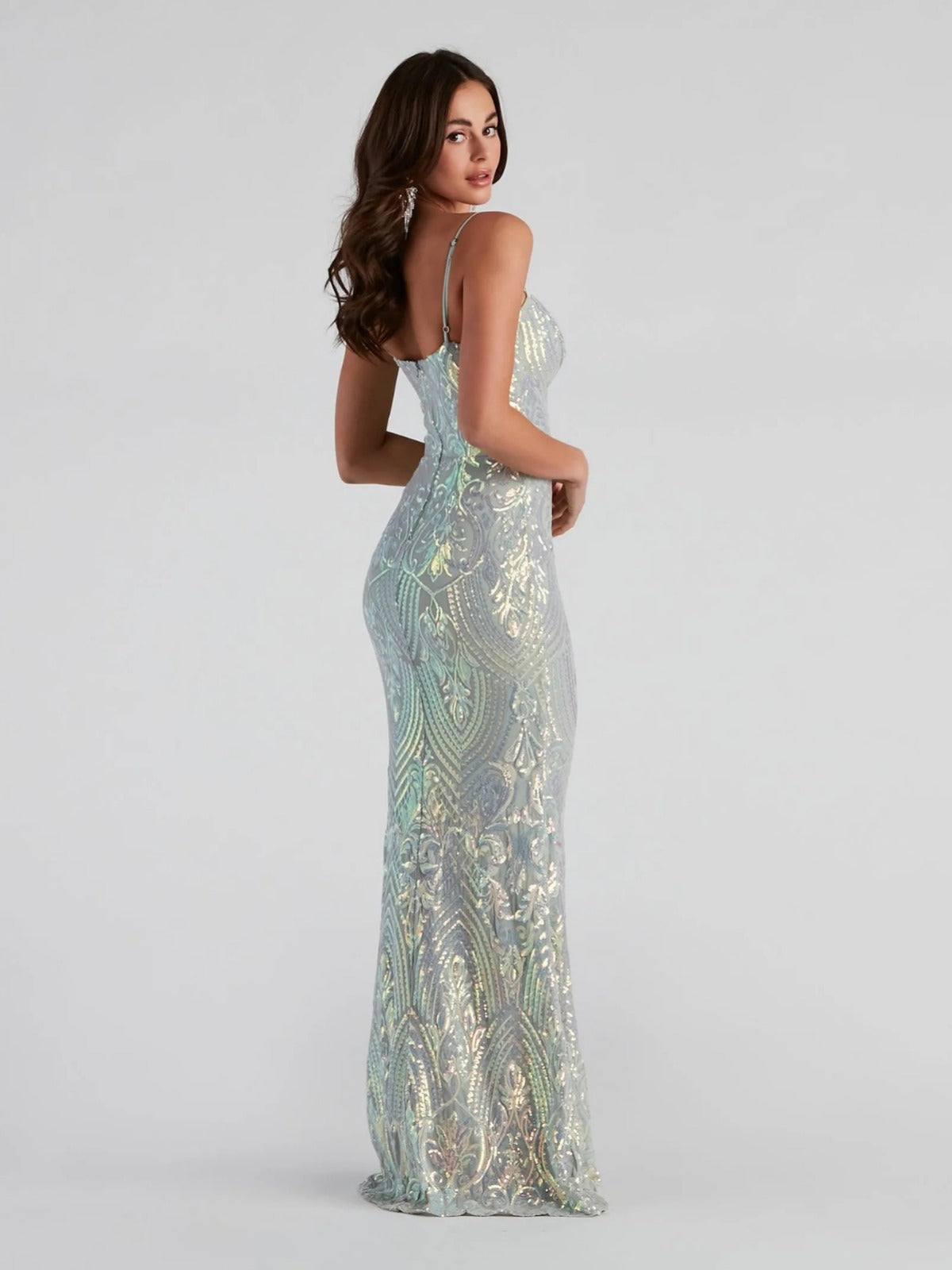 Ice Blue Iridescent Sequin Mermaid Evening Gown