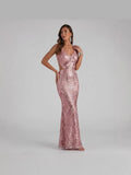 Adeline Blush Pink Sequin Mermaid Evening Gown