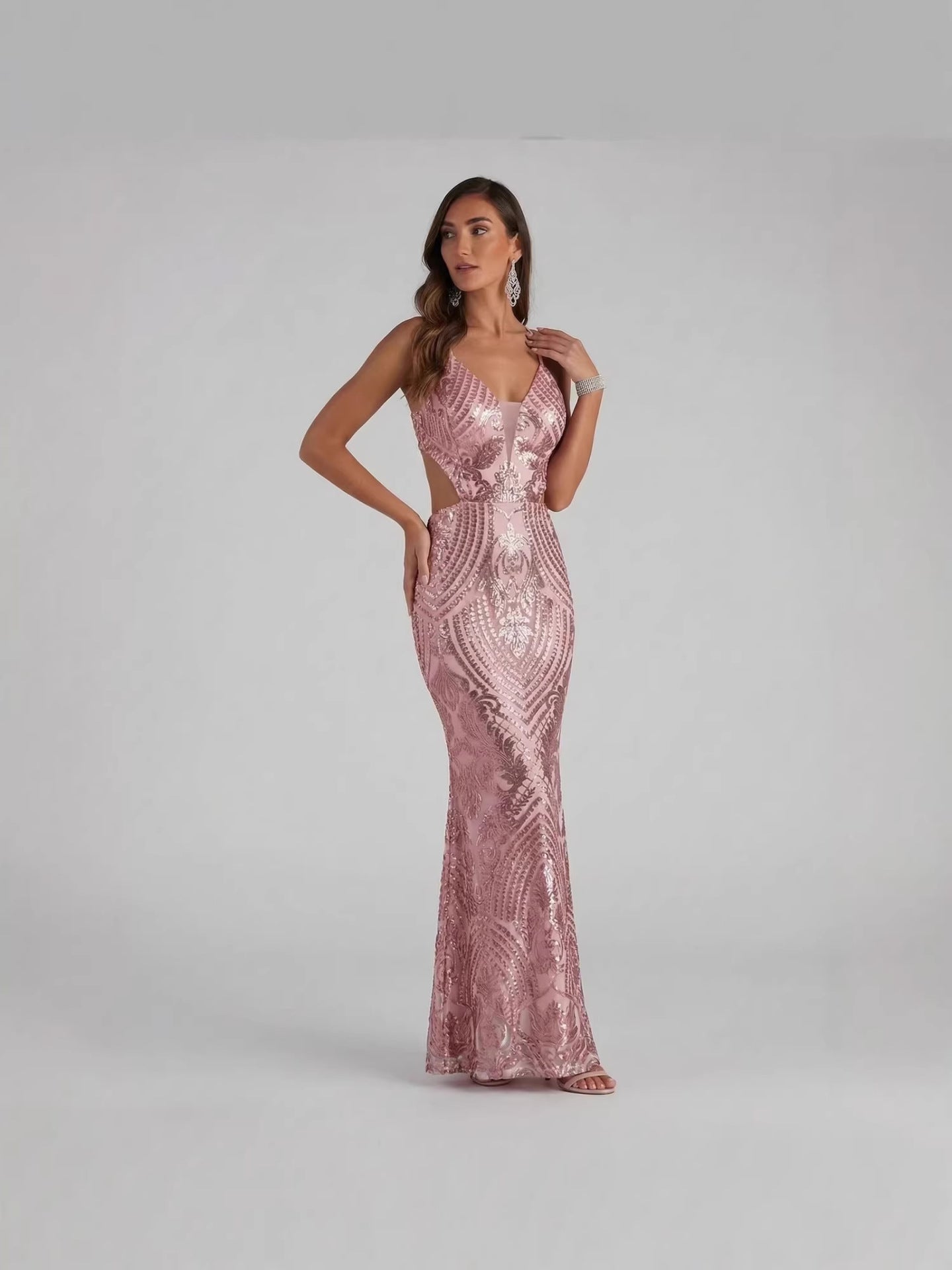 Adeline Blush Pink Sequin Mermaid Evening Gown
