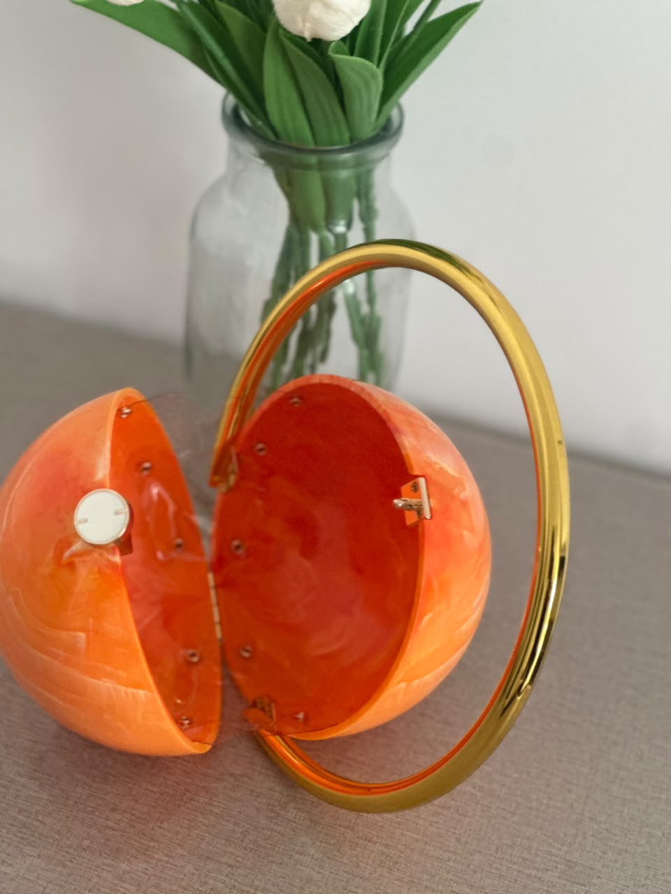 Celeste Saturn Sphere Clutch Bag - Orange Marble Acrylic Evening Purse with Gold Ring Handle