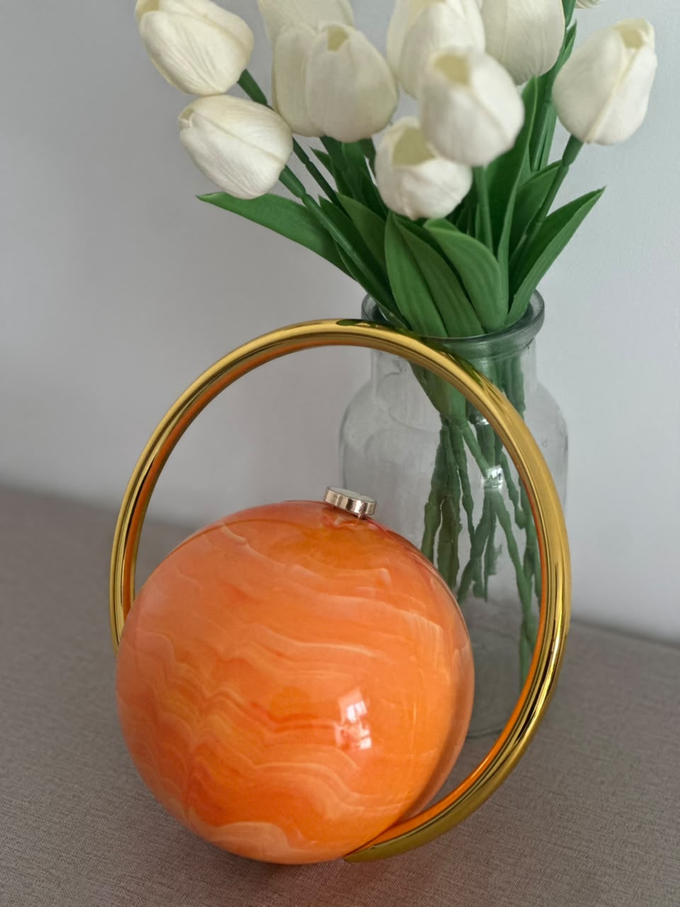 Celeste Saturn Sphere Clutch Bag - Orange Marble Acrylic Evening Purse with Gold Ring Handle